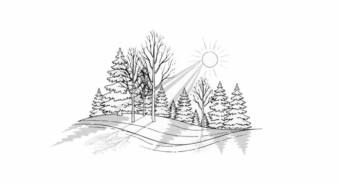 A stylized winter landscape drawing with sun, trees, and snow