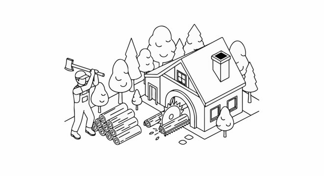 Woodcutter at work with saw and logs near a house and trees