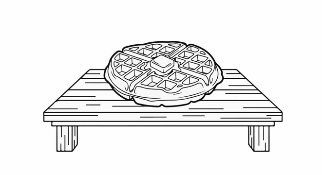 A line drawing of a round waffle with butter melting on top, on a wooden table