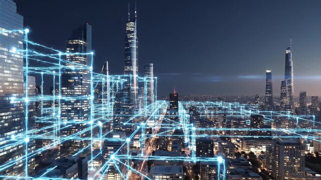 A luminous cityscape, interwoven with digital pathways.