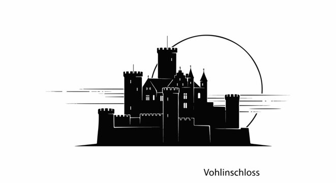 Black silhouette of a historic castle with turrets and crenellated walls against white