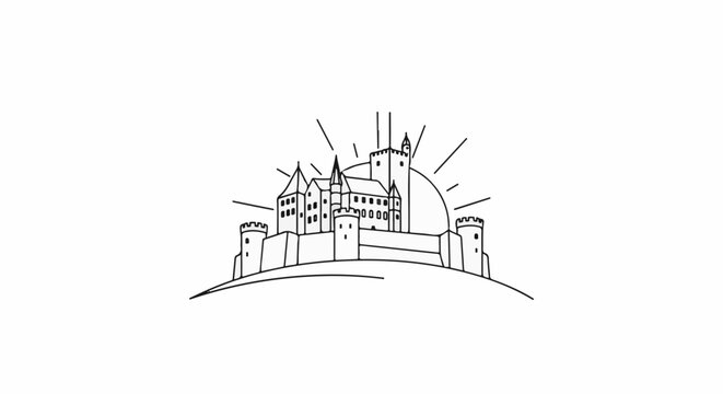 Stylized outline of a medieval castle with sunburst on a hill
