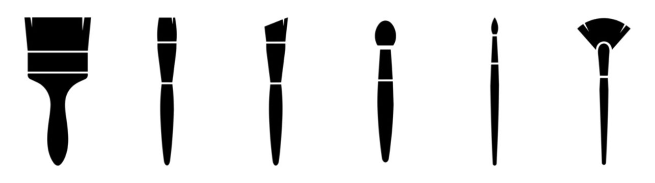 Set of black silhouette icons of various paint and makeup brushes