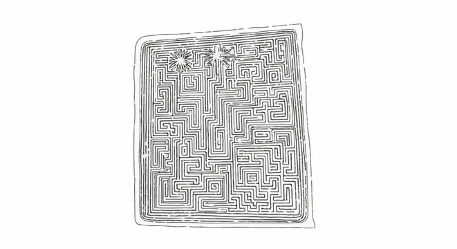 Intricate black and white maze with two starbursts at the top left