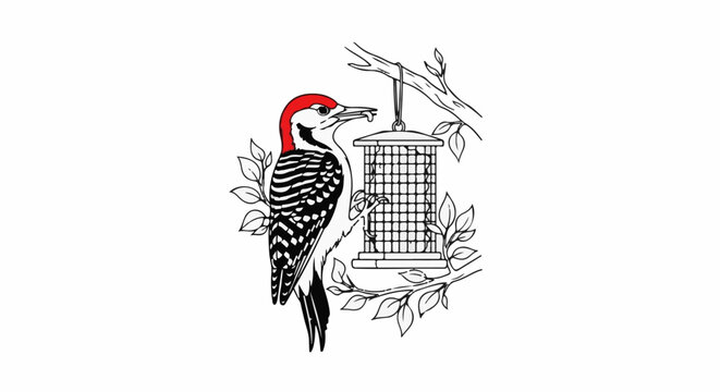 Woodpecker with red head pecking seeds from a bird feeder on a branch