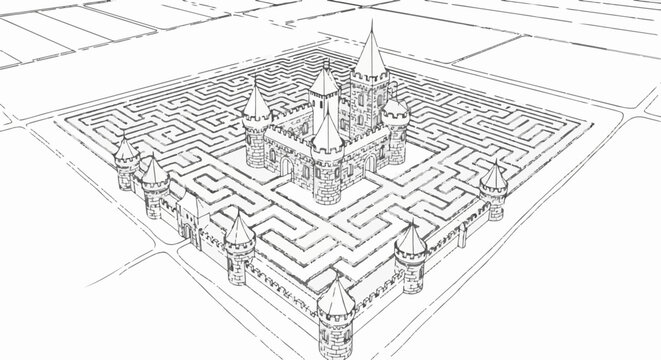 A stylized stone castle sits at the center of a complex maze layout