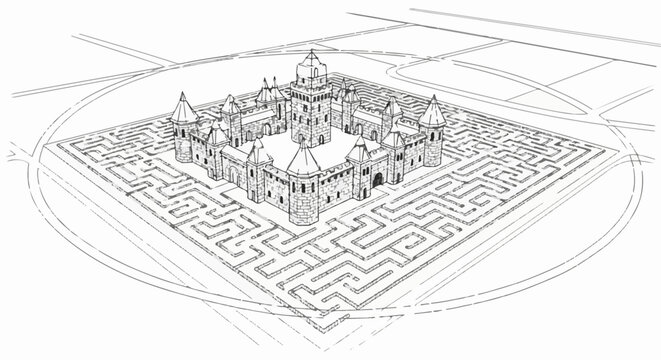 A stone castle is surrounded by a detailed maze