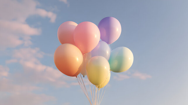 Pastel colorful balloons floating in a clear blue sky, symbolizing celebration, childhood happiness, freedom, new beginnings, joy, and lightheartedness