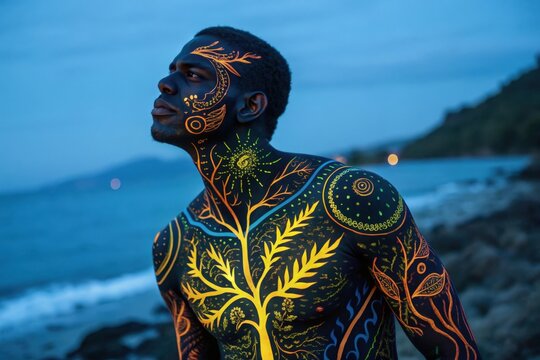 A glowing body adorned with strange, colorful tattoos, in the style of orange epoxy-propyl UV-reactive ink, inspired by installations