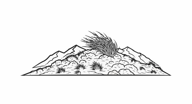 Stylized drawing of arid mountainside with sparse vegetation