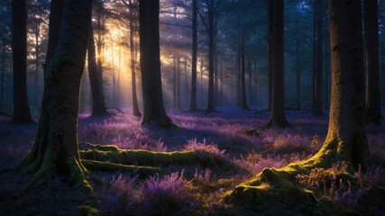 Fototapeta premium Serene forest landscape at dawn with sunlight filtering through trees, illuminating purple flowers