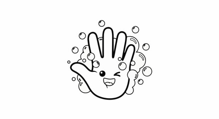 Fototapeta premium Cartoon hand with a happy face and bubbles, suggesting cleanliness