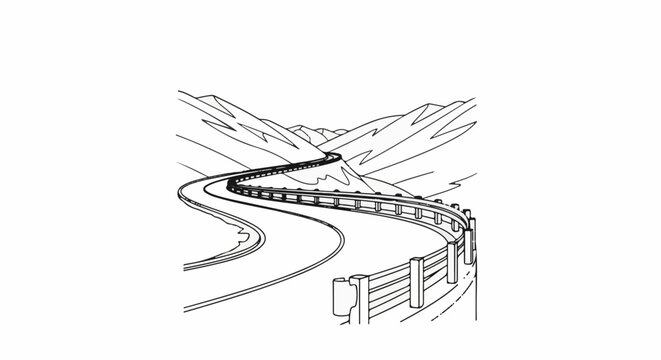 Winding mountain road with guardrails and distant peaks
