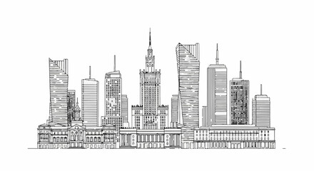 Fototapeta premium A stark, monochrome sketch of a city skyline, featuring varied
