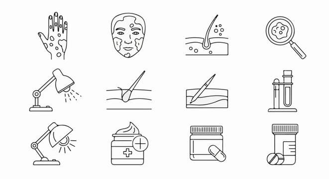 Collection of medical and scientific icons related to skin conditions and treatments