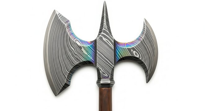 Exquisite Damascus steel double axe with iridescent highlights and pointed spike against a