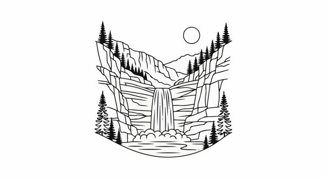 Stylized line art depicts a waterfall cascading down rocky cliffs with trees