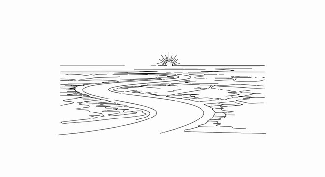 Winding river flowing towards the horizon with a rising sun