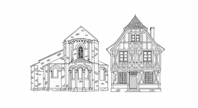 Architectural sketch of a stone church and timber-framed house side-by-side