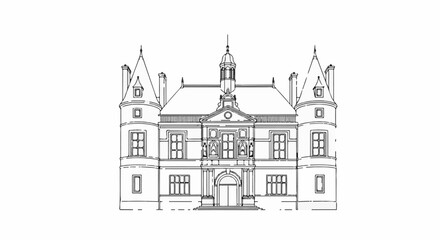 Fototapeta premium Ornate historical manor with towers, peaked roof, and arched doorway