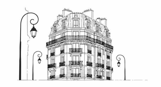 Parisian building with ornate balconies and street lamps in sketch