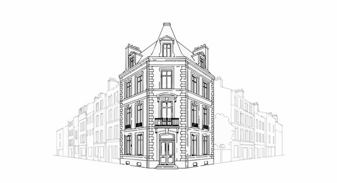 Ornate corner building with detailed windows, balcony, and peaked roof