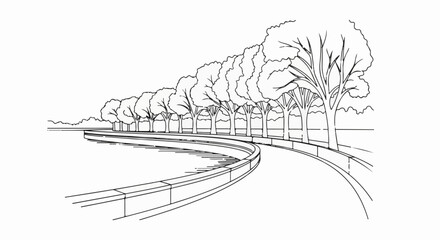 Fototapeta premium Lined walkway curves alongside water with arched trees in background