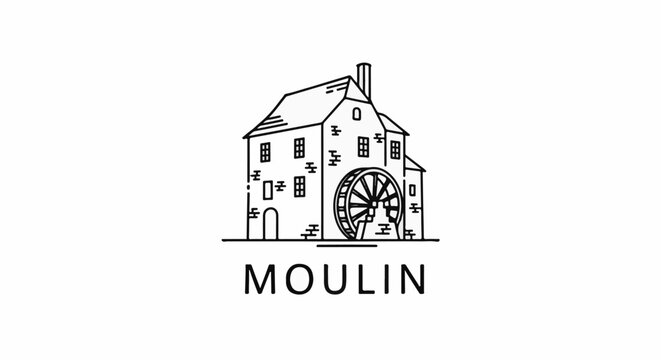 Rustic stone building with water wheel and chimney, labeled MOULIN