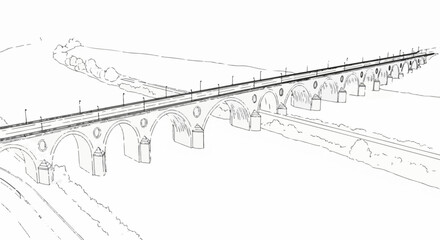 Obraz premium Arch bridge with multiple spans crosses a river with tracks nearby