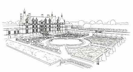 Obraz premium Ornate manor house with symmetrical formal gardens and surrounding trees