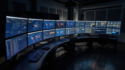 Fototapeta premium Wide-angle shot of a large curved multi-monitor workstation setup in a darkened analytics control room, screens filled with live data dashboards showing network graphs,