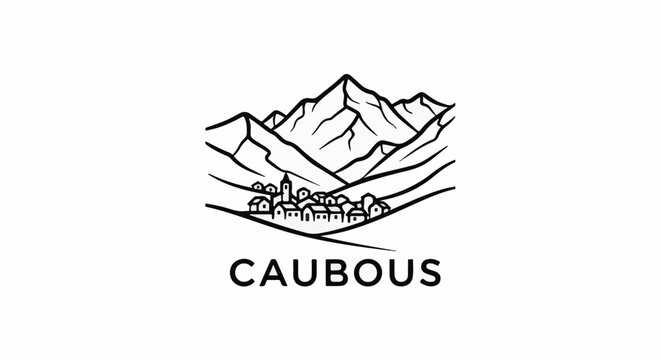 Outline of a village nestled in a valley below jagged mountains