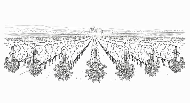 Sketch of rolling vineyards and distant chateau adorned with roses