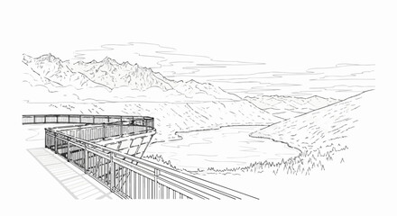 Obraz premium Elevated walkway overlooks scenic lake and distant mountain range