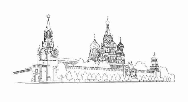 Black and white sketch of a famous historical complex with distinctive domes and a clock tower