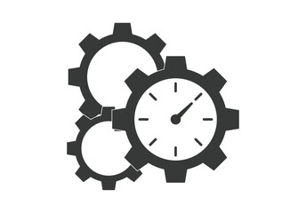 Iconos de engranajes metálicos y reloj analógico que simbolizan la gestión del tiempo y la eficiencia en procesos industriales