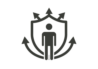 Silueta humana protegida por un escudo con flechas que indican seguridad y defensa integral en diversas direcciones