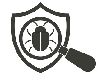 Escudo de seguridad con lupa analizando un insecto o virus informático en color oscuro