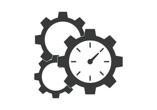Iconos de engranajes met&aacute;licos y reloj anal&oacute;gico que simbolizan la gesti&oacute;n del tiempo y la eficiencia en procesos industriales