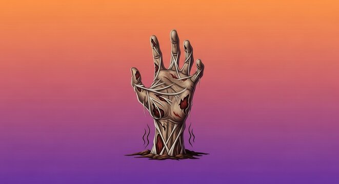 Chilling decaying hand illustration rising from the earth with exposed sinews on a vibrant