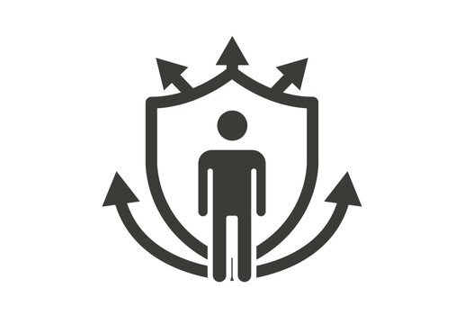 Silueta humana protegida por un escudo con flechas que indican seguridad y defensa integral en diversas direcciones
