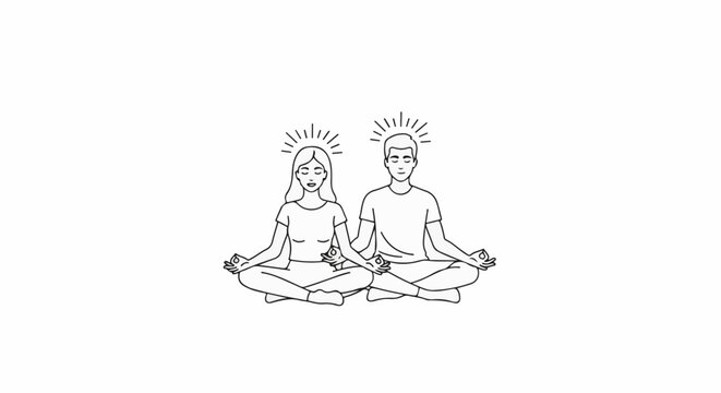 Two people meditating together, with halos