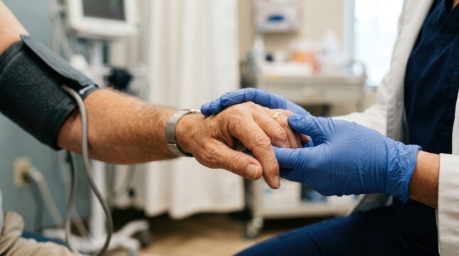 A close-up of two hands  one belonging to a medical professional in blue gloves, the other a patient's bare hand  in a moment of reassuring touch during a checkup, a