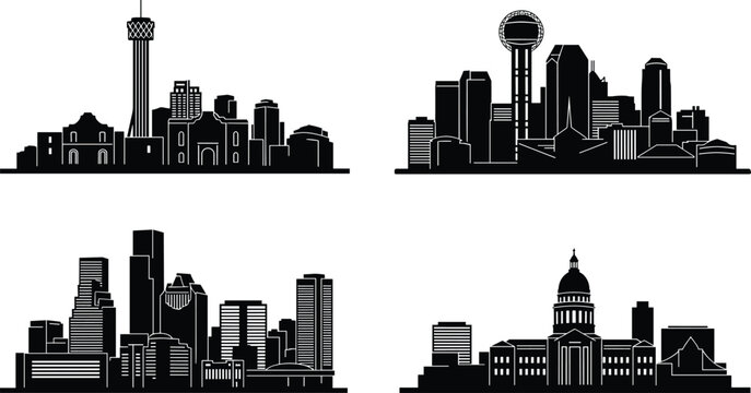 Texas City Skyline Silhouette Collection Featuring Dallas Houston San Antonio and Austin Landmark Architecture Isolated on White Background for Graphic Design