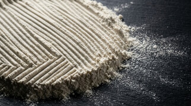 Extreme macro close-up of a mound of fine white wheat flour on a dark matte slate surface, soft dune-like ridges and valleys sculpted by a single sifting motion,