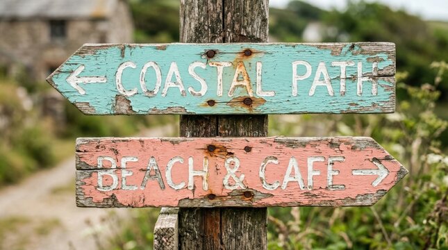 Vintage wooden coastal path sign, rustic beach and cafe directional signage, weathered teal and pink painted wood arrows for seaside tourism
