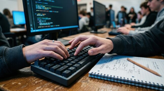 A close-up lifestyle shot of a teenage student's hands actively typing on a keyboard, fingers mid-keystroke with motion softly implied, a monitor in the near background