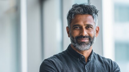 Obraz premium Confident middle-aged indian man smiling for portrait, copy space