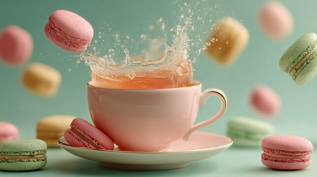 無重力のティータイム　空中に舞うマカロンと飛び散る紅茶