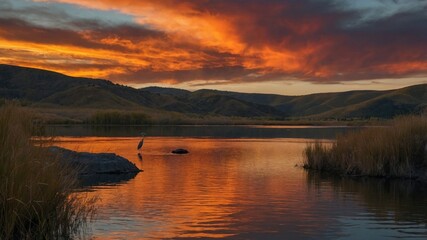 Fototapeta premium Serene sunset over tranquil lake reflecting vibrant orange and purple hues with distant hills